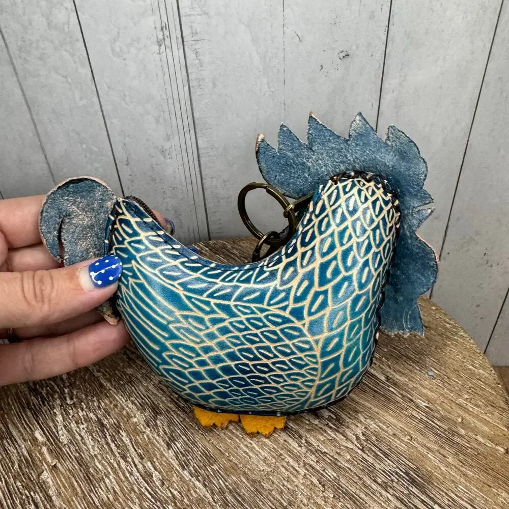 Genuine Leather Rooster Coin Purse Wristlet Chicken Hand Painted Leather NEW!